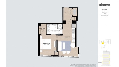 Floor plan for 1 bed, 1 bath, 630 sqft